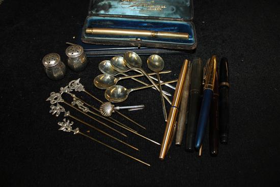 Parker pen set, other pens, spoons etc